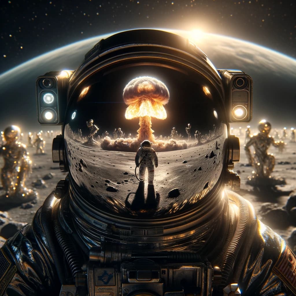 AI generated: Astronaut's helmet visor reflects a nuclear explosion, amidst an abstract alien backdrop on a moon-l...