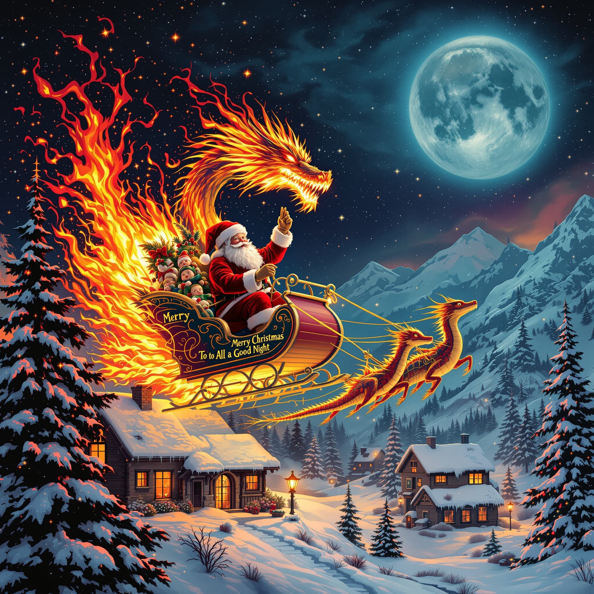 AI generated:  Merry Christmas to all and to all a good night in print on top of the picture. Psychedelic, surreal...
