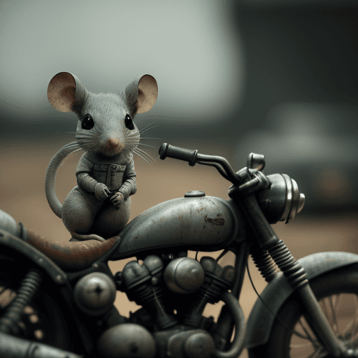 AI generated: cinematic film still award winning photo, two cute grey mice, rust, epic, riding old motorcycle. sha...