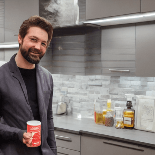 AI generated: A image of a man in his early 30s holding a branded energy drink can named Aidan. The man has a well...