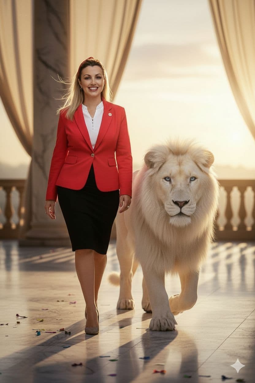 AI generated: Animate this photorealistic image in a cinematic style.
The woman in the red blazer and black skirt...