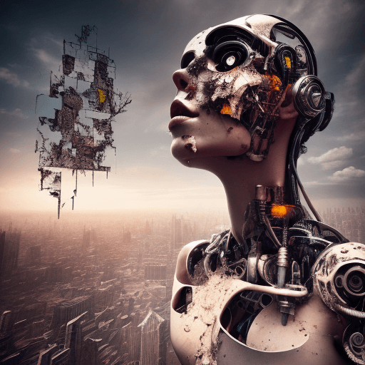 AI generated: Fascinating double exposure features a demolished city superimposed with a cyborg woman's head, and ...