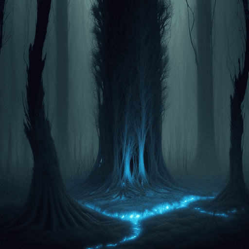 AI generated: a illustration in style manga of An eerie forest overtaken by radiotrophic fungi,  towering fungi wi...