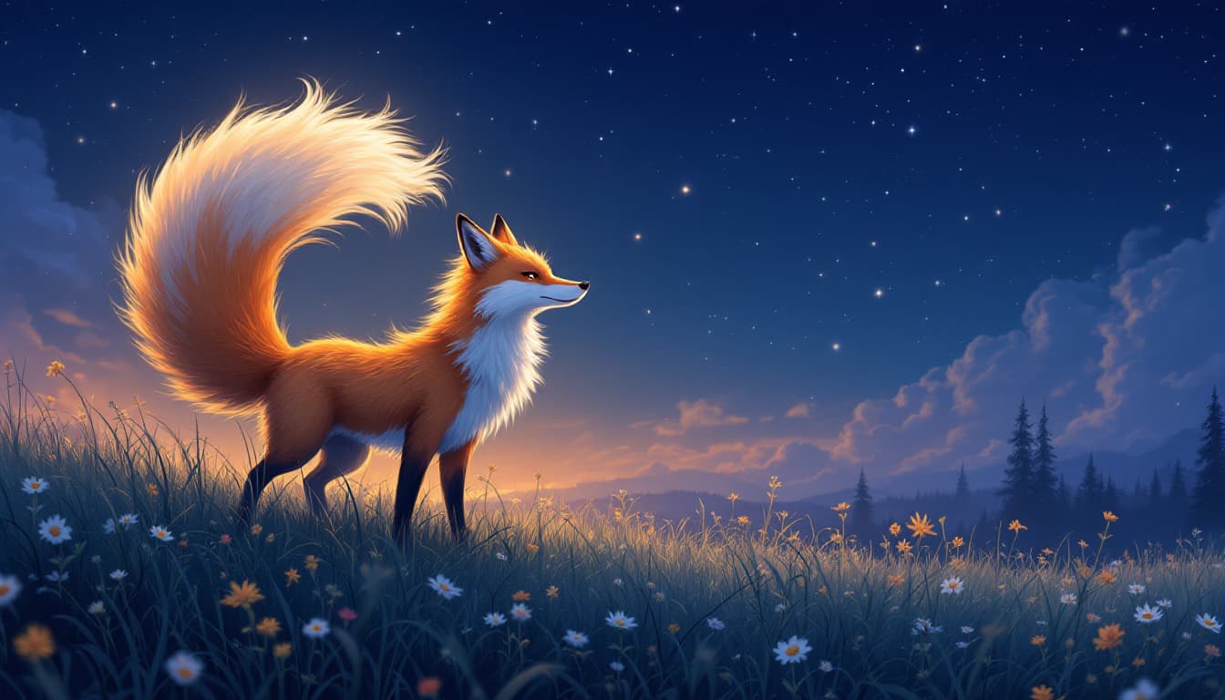 AI generated: Kitsune nine-tailed fox in the meadow at night