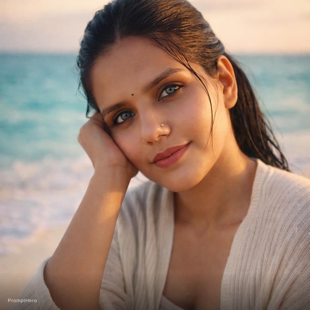 AI generated: A cinematic, photorealistic portrait of a woman relaxing on a sun-drenched tropical beach at golden ...