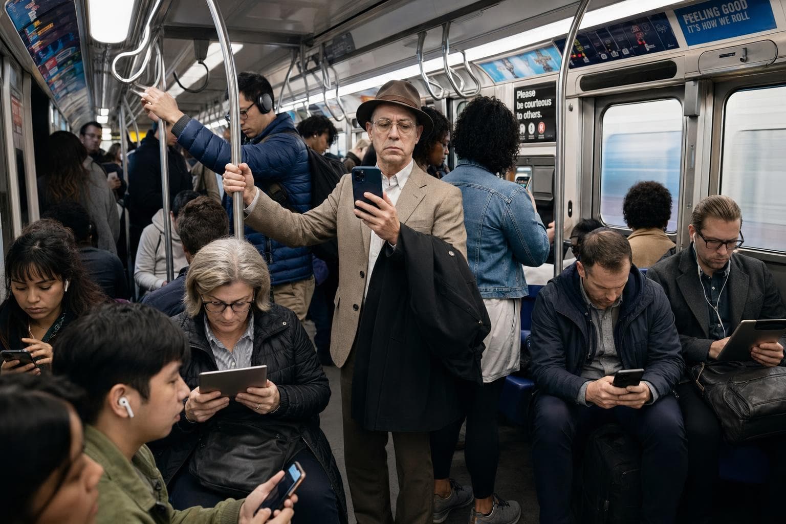 AI generated: Make modern version of this with modern phones and tablets for the people to read on in color