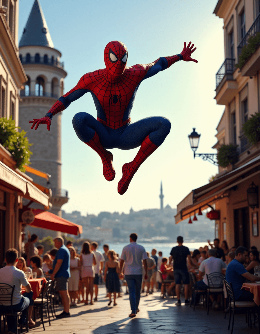 AI generated: A scene with Spiderman flying above Galata Tower in Istanbul. Include the following details: