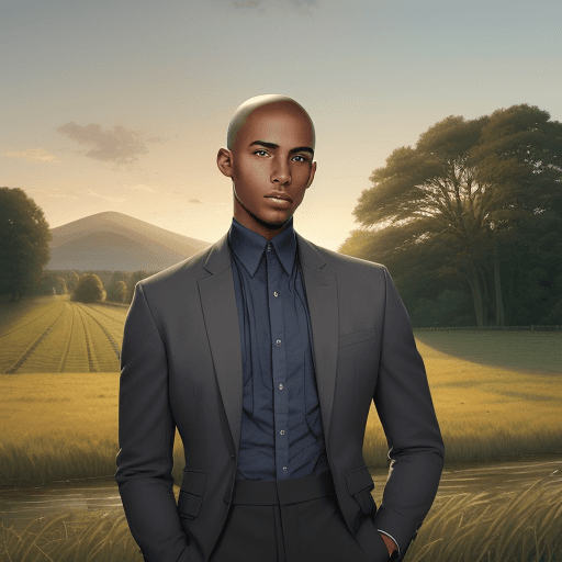 AI generated: a young black man in his thirties with a cleanly shaven head, set in a serene countryside backdrop. ...