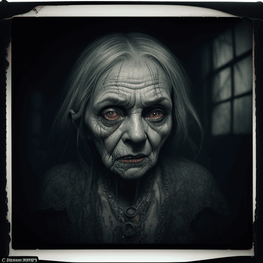 AI generated: vintage sleazy photo taken from a polaroid, a scary old witch in an abandoned place, weathered photo...