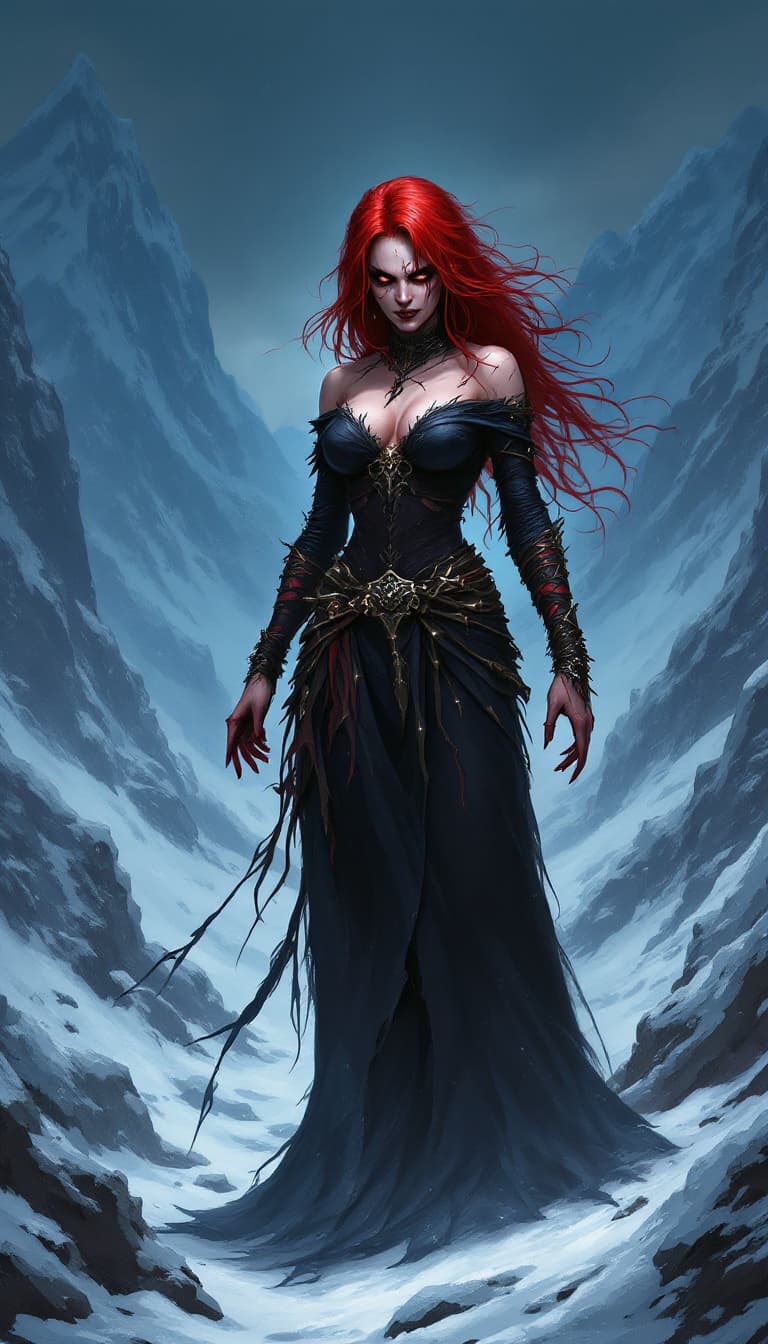 AI generated: Full body, Fantasy illustration of a evil female witch, in her thirties,red hair with a white streak...