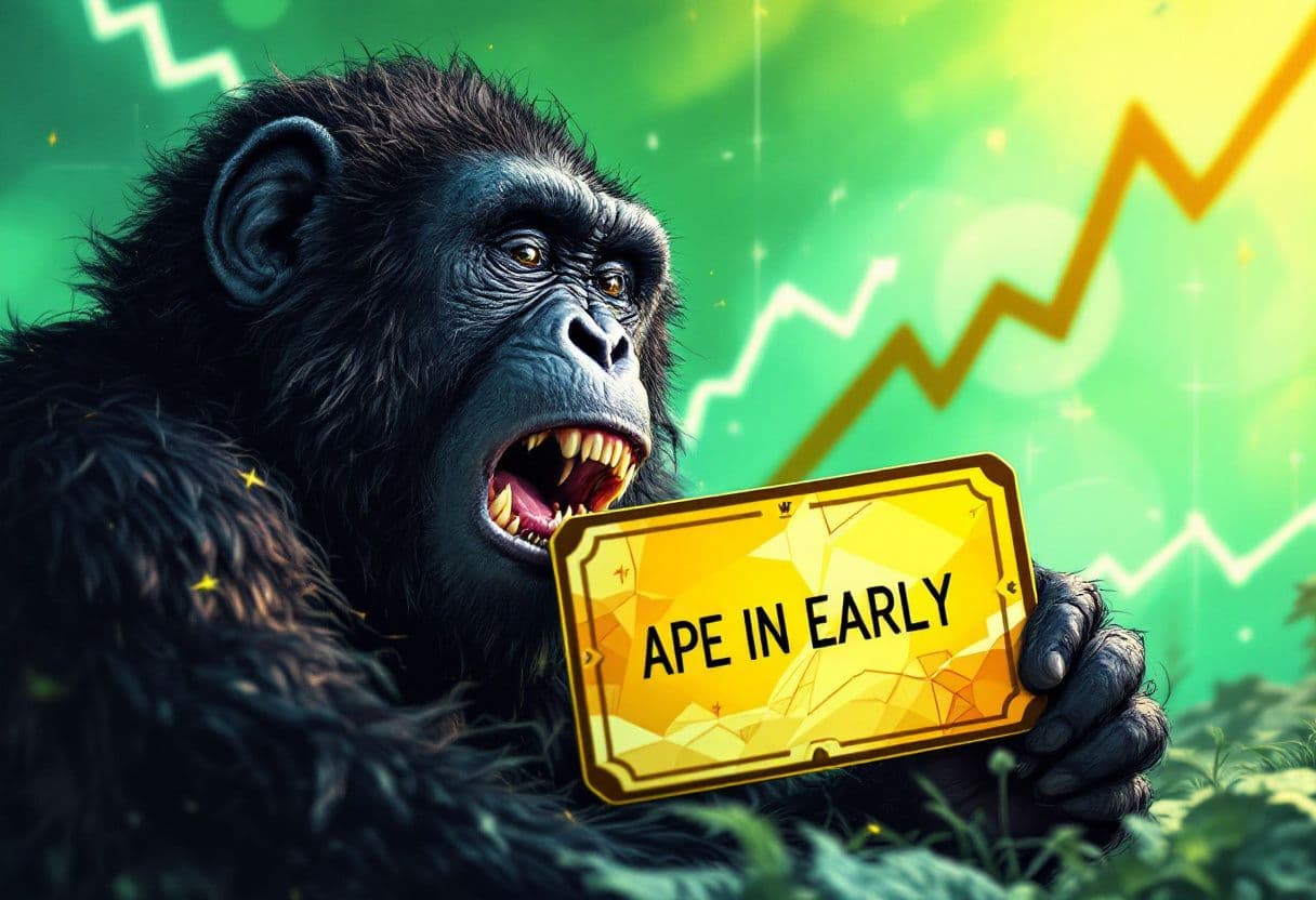 AI generated: memecoin trading.  high energy with value lines going up.  a card in front with text "APE IN EARLY"