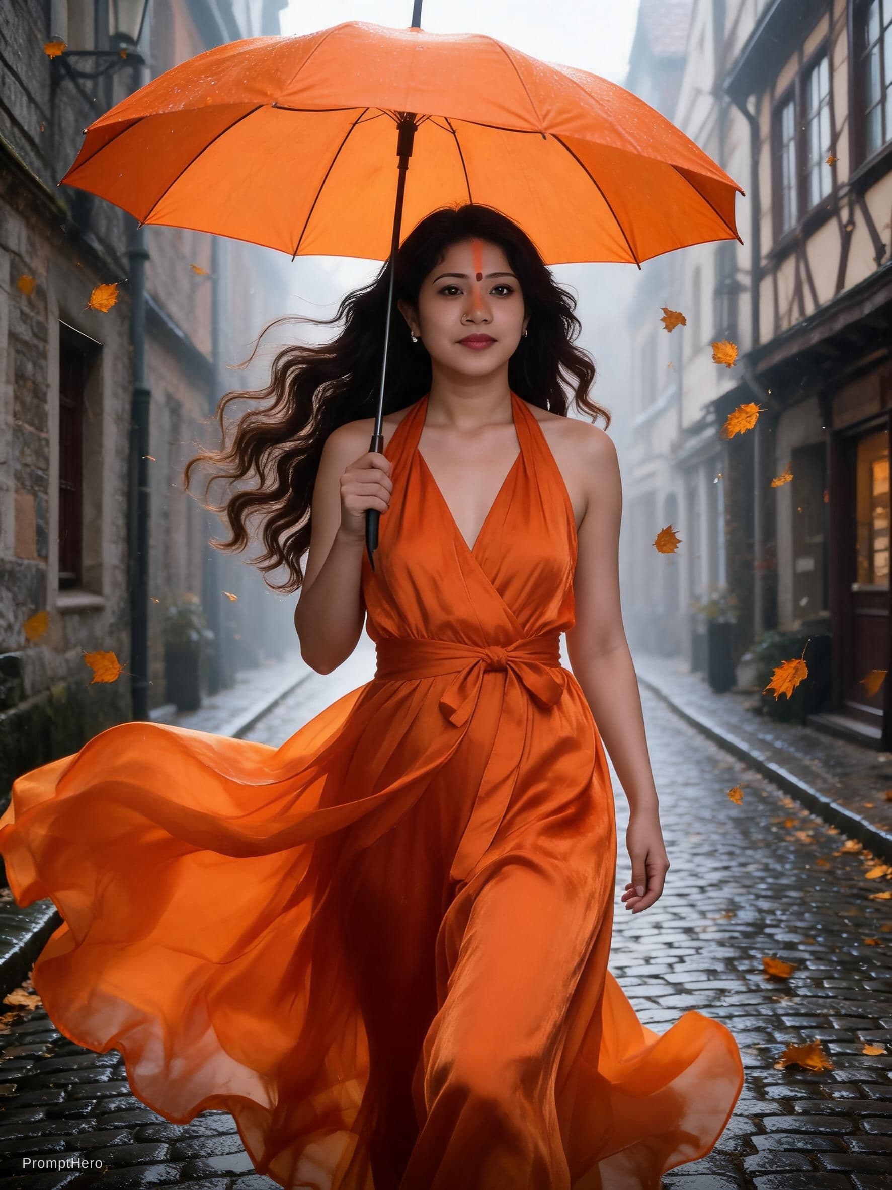 AI generated: A stunning young woman with long, flowing wavy dark brown hair caught in the wind, walking gracefull...
