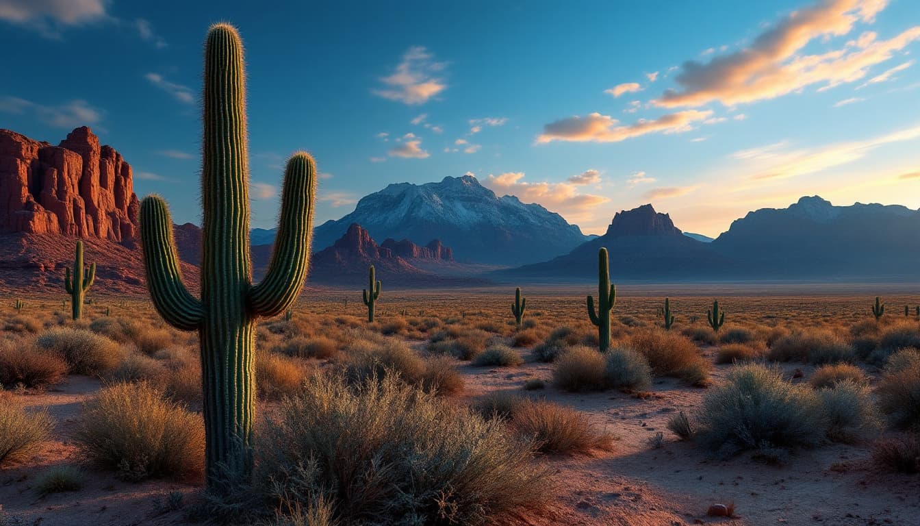AI generated: Estilo western, en el desierto al atardecer. Hay cactus. I want a long distance view of the desert, ...