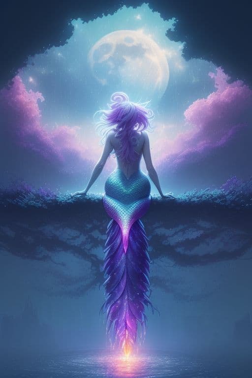 AI generated: Body oil painting of a beautiful (mermaid: 1. 3), beautiful face, big fin, very detailed, floating i...