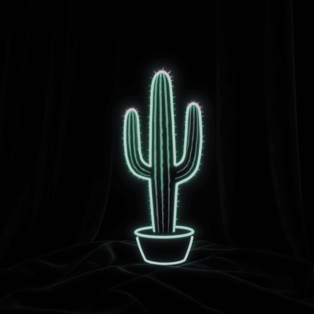 AI generated: botanical shadow of a cactus, surrounded by neon rings, black velvet backdrop, soft ambient glow, mo...