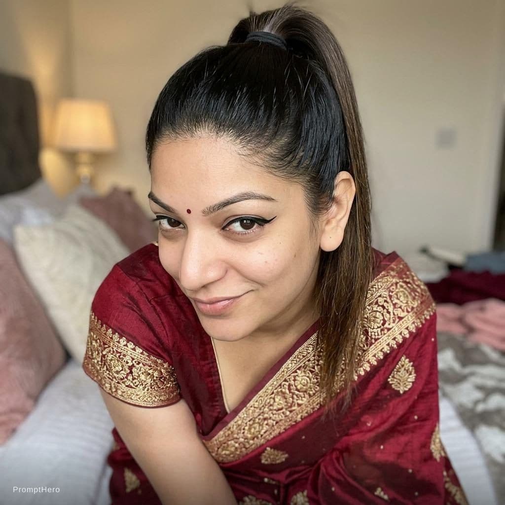 AI generated: Leans over teasing, ponytail hairstyle, almost no makeup keep only sharp eyeliner, bedroom, wearing ...
