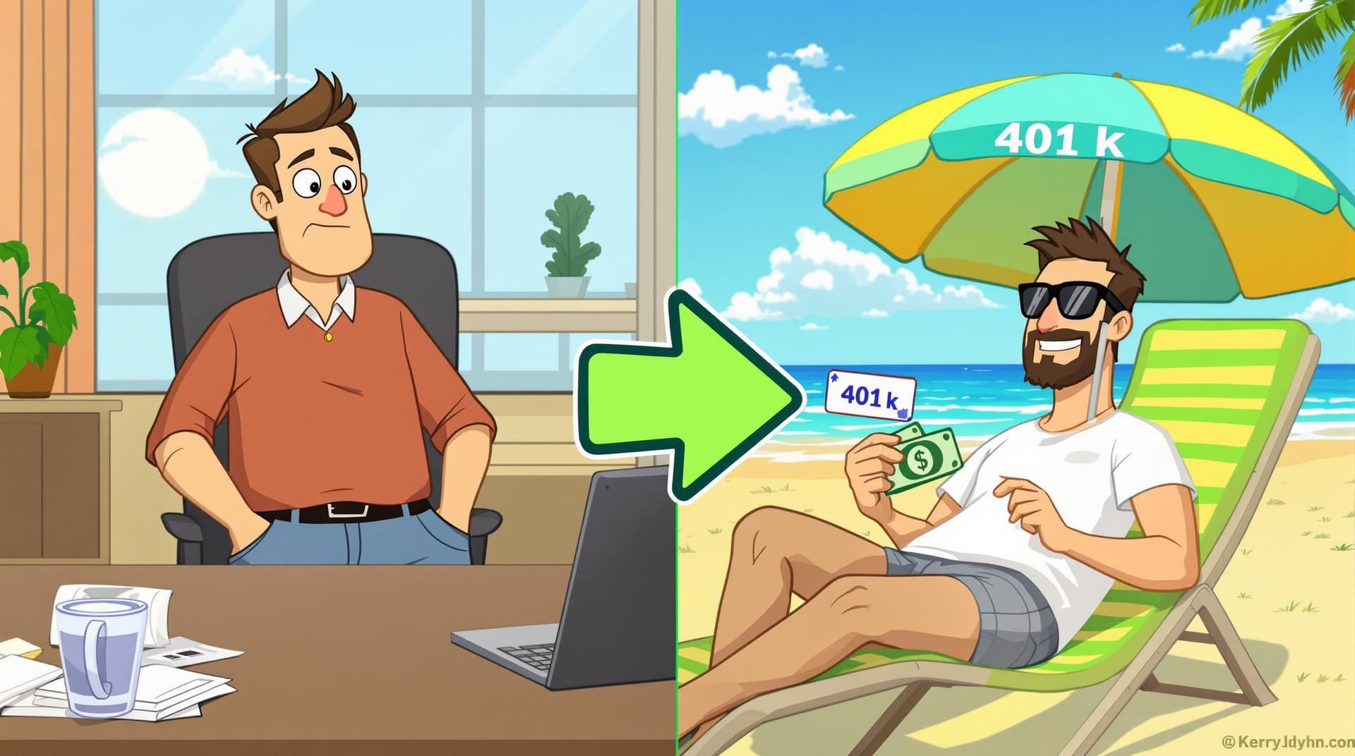 AI generated: Split image in animated cartoon funny style: left side shows a stressed-out man with empty pockets s...