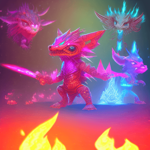 AI generated:  chibi flame creatures at an event party in oldschool runescape. cosmic space fire pink and blue wit...