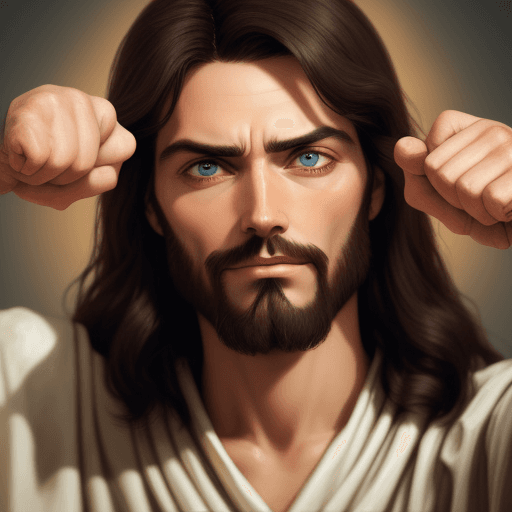 AI generated: Jesus pointing at his right eye, close up