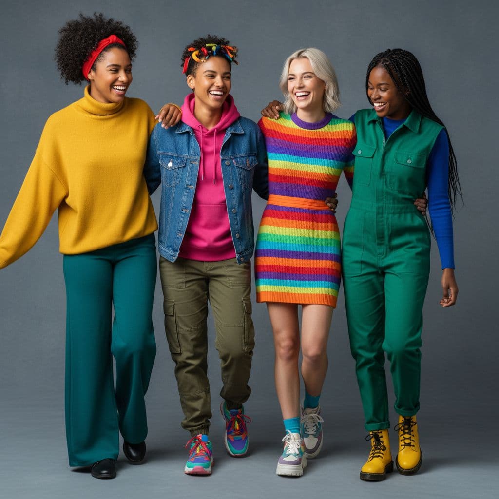 AI generated: A image of some gilrs like United Colors style, set against a soft, muted grey background.
