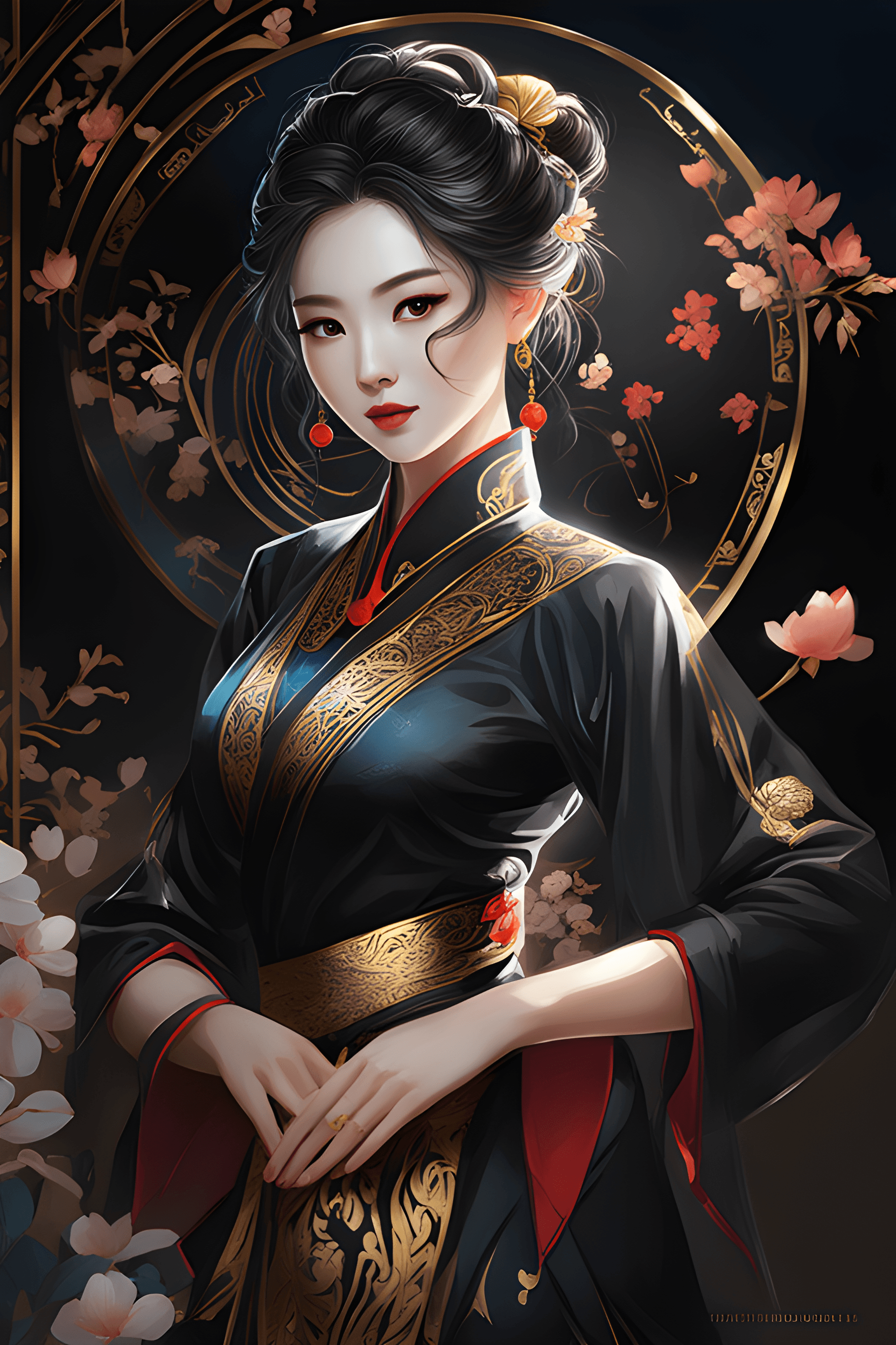 AI generated: painting of a woman in a black dress with a gold trim, stunning digital illustration, beautiful char...