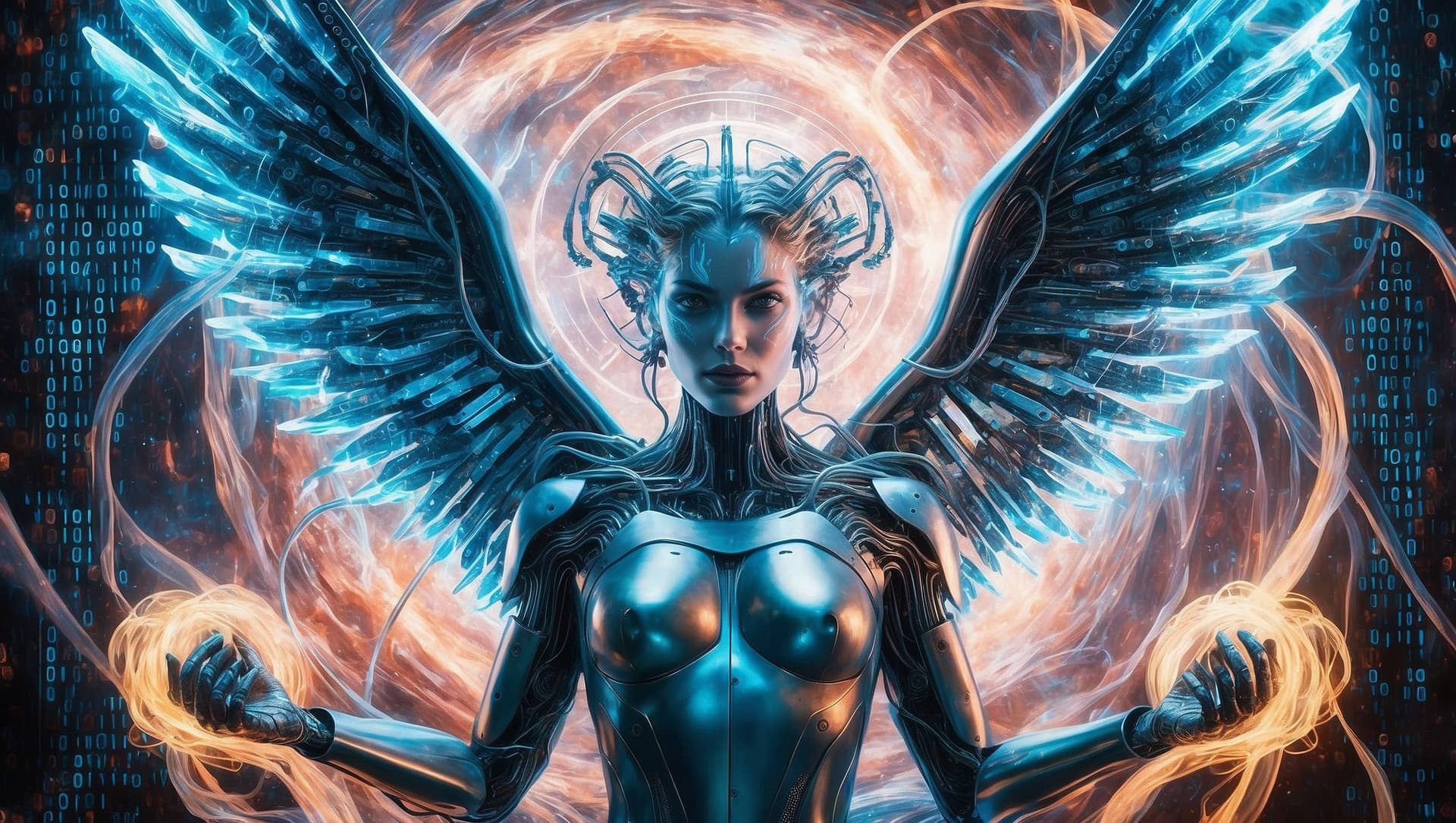 AI generated: A brilliantly unconventional deity, the divine satellite hacker is depicted with cybernetic wings an...