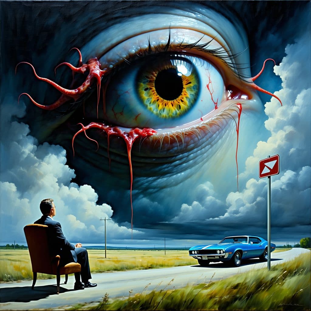 AI generated: A surrealist painting of an eye on the side, with tentacles having red meat coming out from it and c...