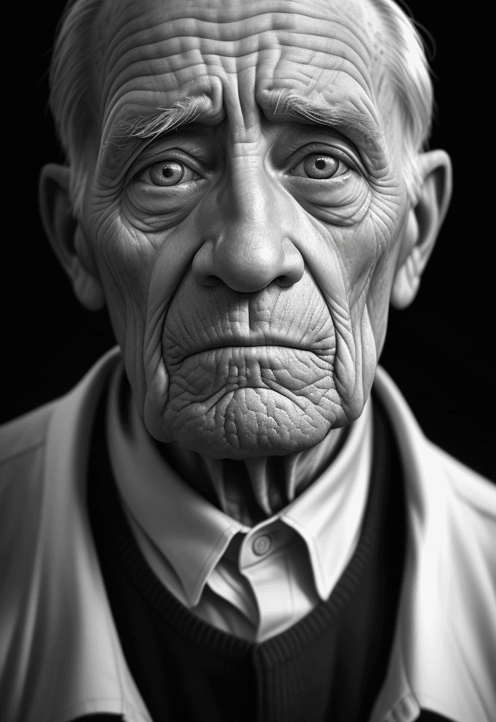 AI generated: old man with sad eyes, lots of wrinkles, portrait filmed with an Leica camera, black & white, cinema...