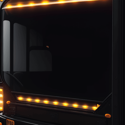 AI generated: close up of the driver of the glossy black school bus from behind, large in frame, glowing lights, f...