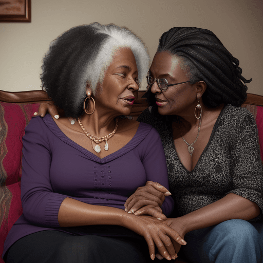 AI generated: Black old and wise woman whispering into,  a young and vibrant black lady`s ear, whose age is 25 yea...