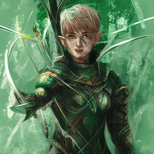 AI generated: male young archer elf with short white hair, wearing a green light armor, art noveau, Carne Griffith...