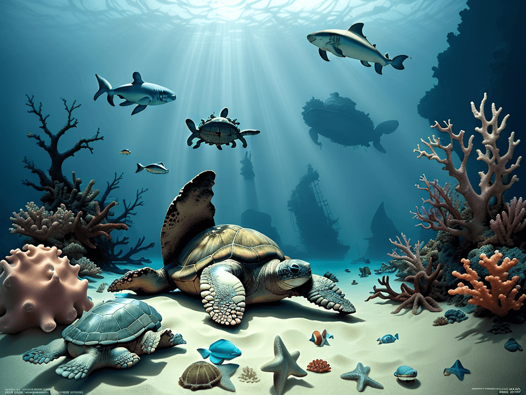AI generated: Hyper realistic diving photo of an old wreck on the sand, happy dream baby turtle, fishes, sharks, s...