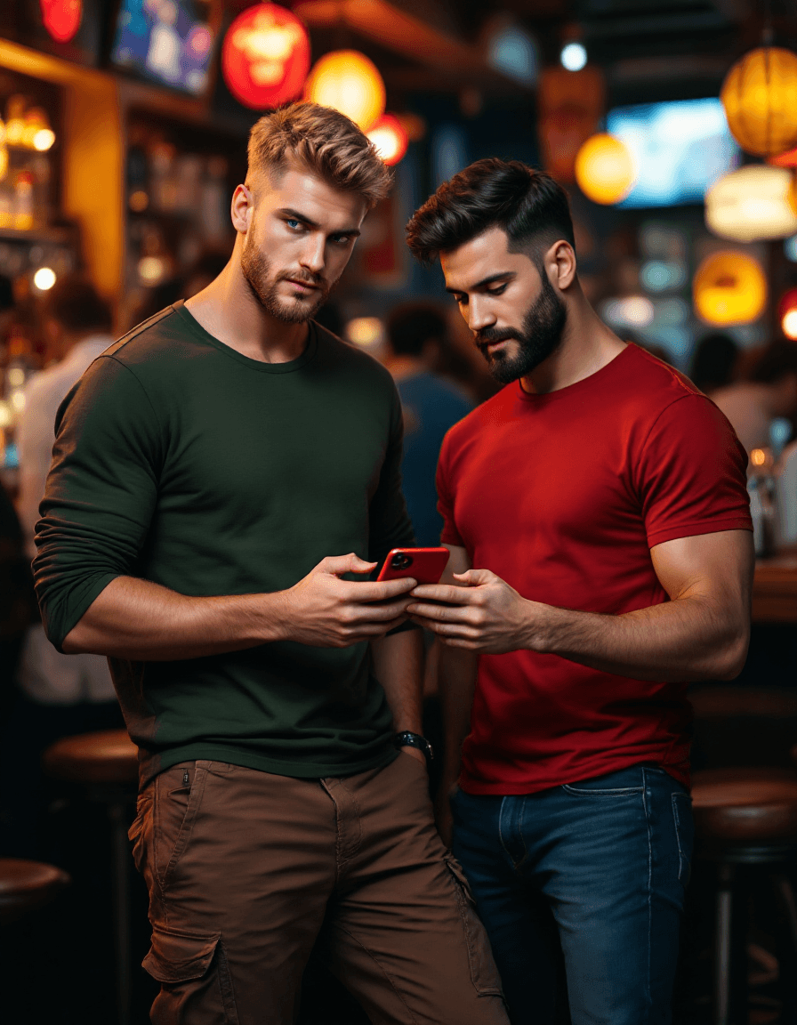 AI generated: Hyper-realistic photography of two men (Tom and Mike), standing in a crowded bar. Mike is a blond yo...