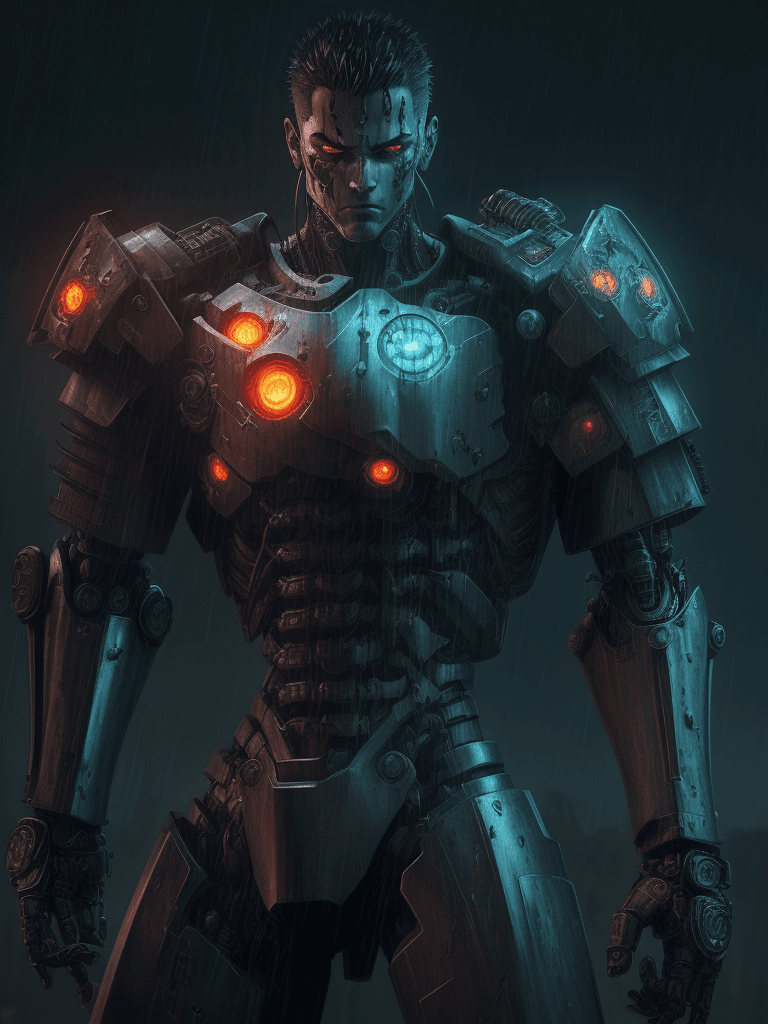 AI generated: digital wallpaper, a brutal cyborg samurai in cyberpunk armor, alone, glowing elements, intricate ar...