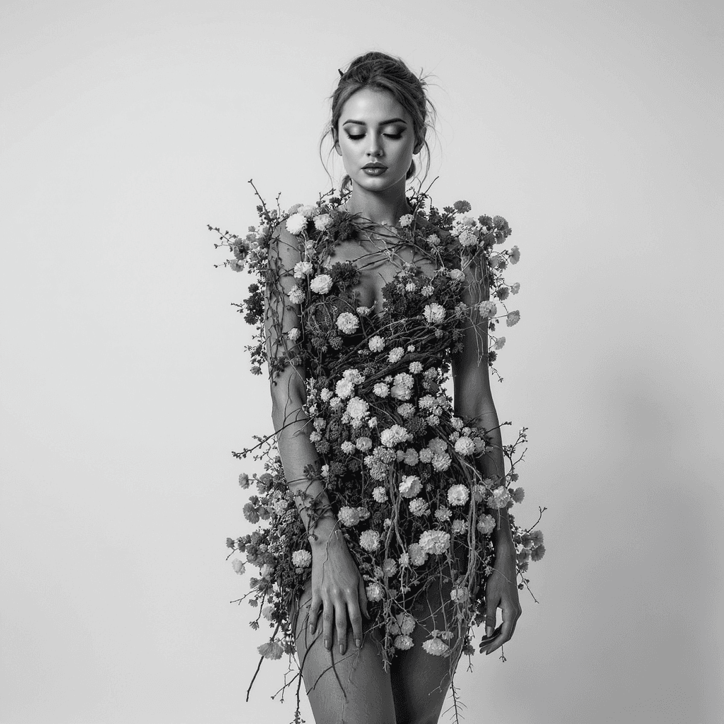 AI generated: Woman fully covered with flowers and twigs, making a dress, hair back and up, black and white image ...