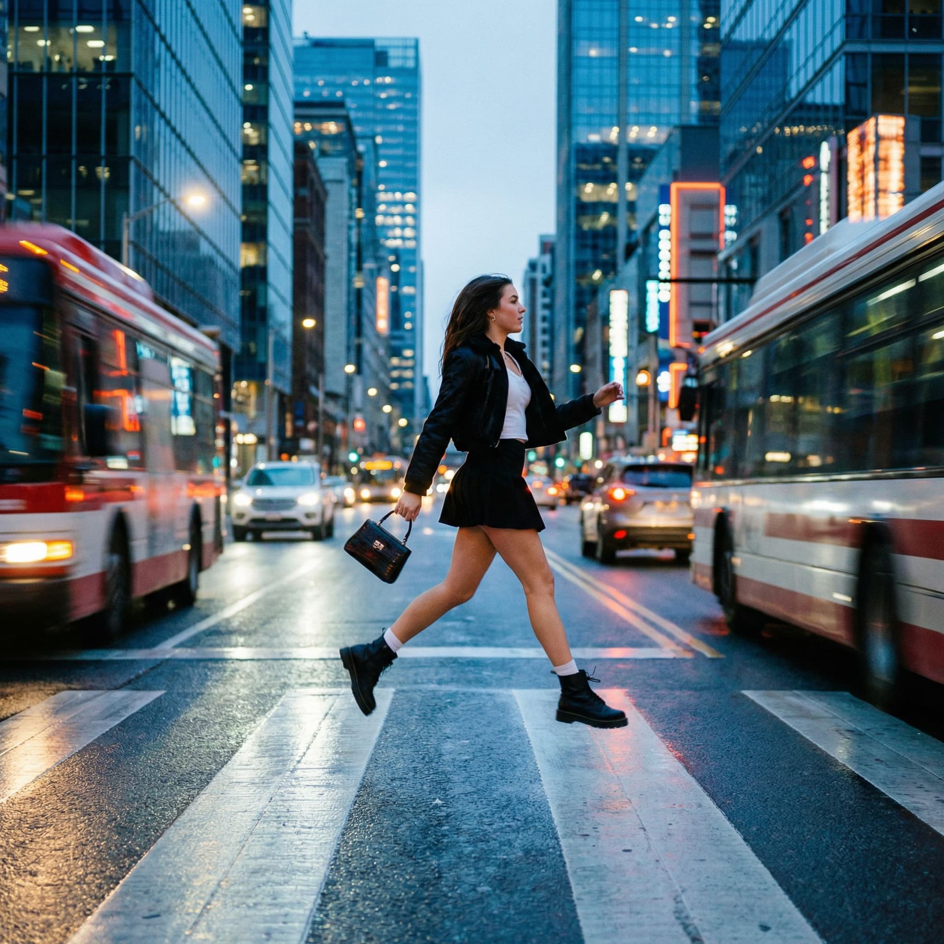 AI generated: Cinematic urban photography of a young woman jumping across a pedestrian crosswalk in a modern city ...