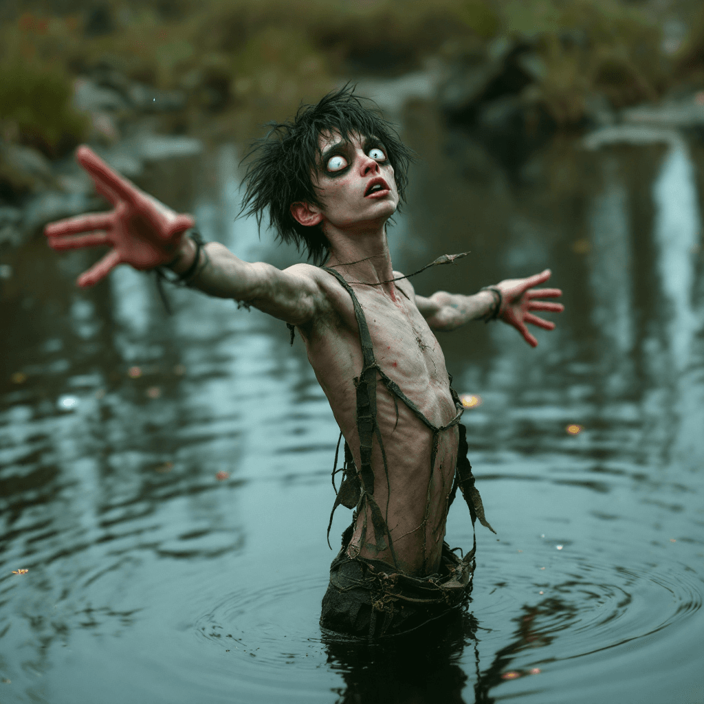 AI generated: an extremely skinny wiry punk guy with huge eyes, chopped shaggy hair, strange, no shoes, no shirt, ...