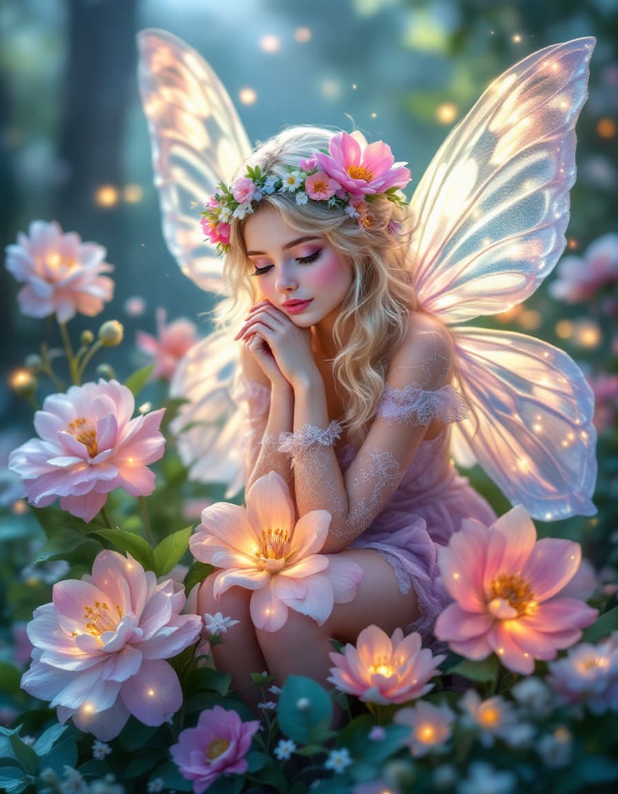 AI generated: fairy with flowers, pastel colors, extremely detailed, lights, glow, flowers