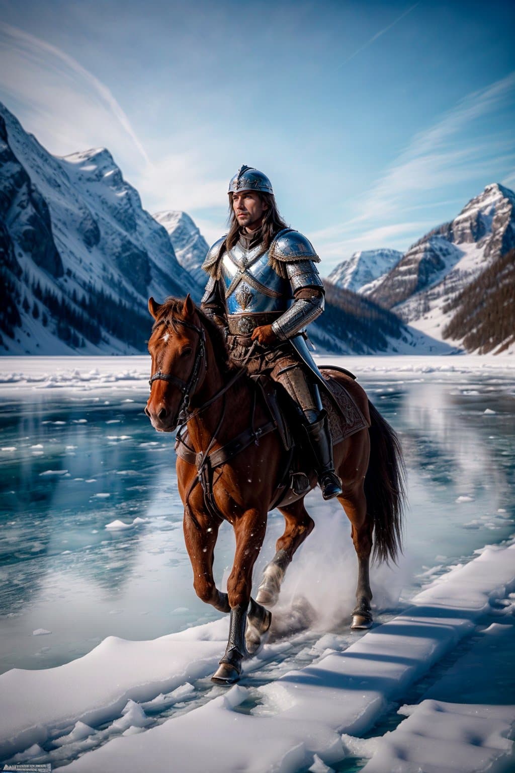 AI generated: action packed, Prince (Alexander Nevsky:1.3), (on horseback:1.1), (fights with German knights:1.2), ...