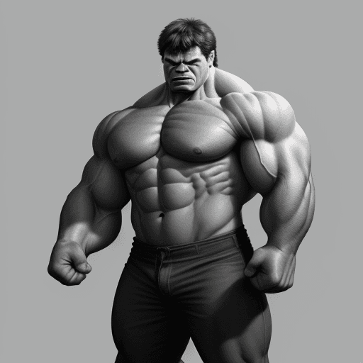 AI generated:  A pencil drawing of hulk, close up shot, in the style of vintage, grey background, low angle view, ...