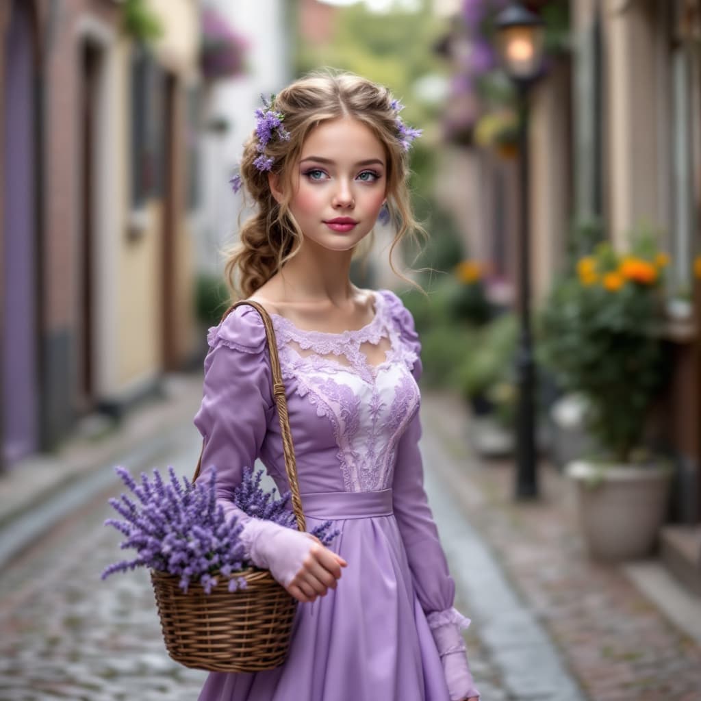 AI generated: a young pertty female, She is dressed in a lavender-purple, Victorian-inspired dress with lace detai...