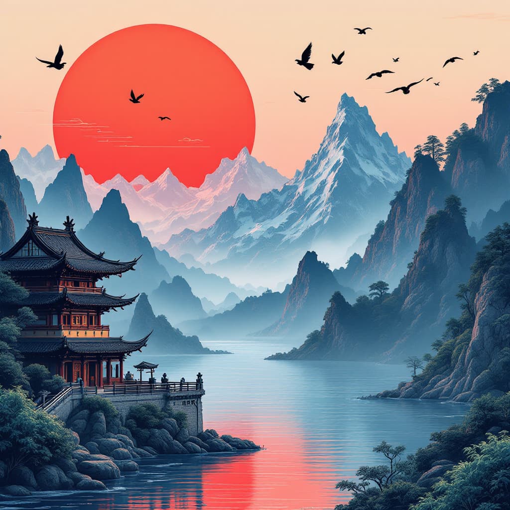 AI generated: A red sun is setting behind the mountains, with an ancient Chinese building on one side and water in...
