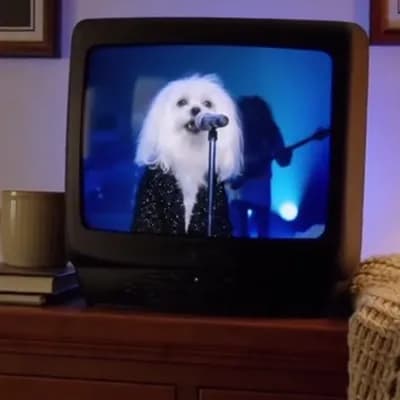 AI generated video: A small black television is turned on, close to the frame, centered in the frame. The television is ...