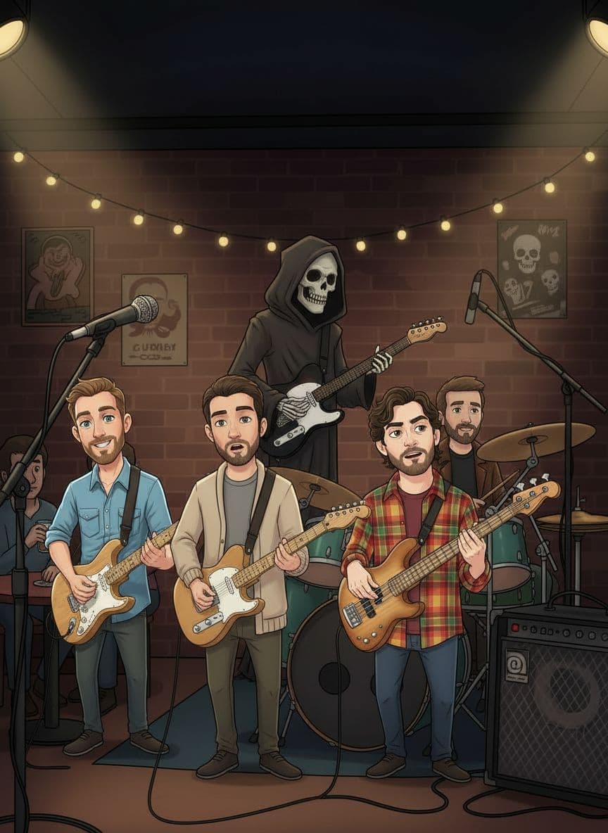 AI generated: Quiero que me hagas a estos 4 personajes en un bar. Todos tienes sus instrumentos y la misma expresi...