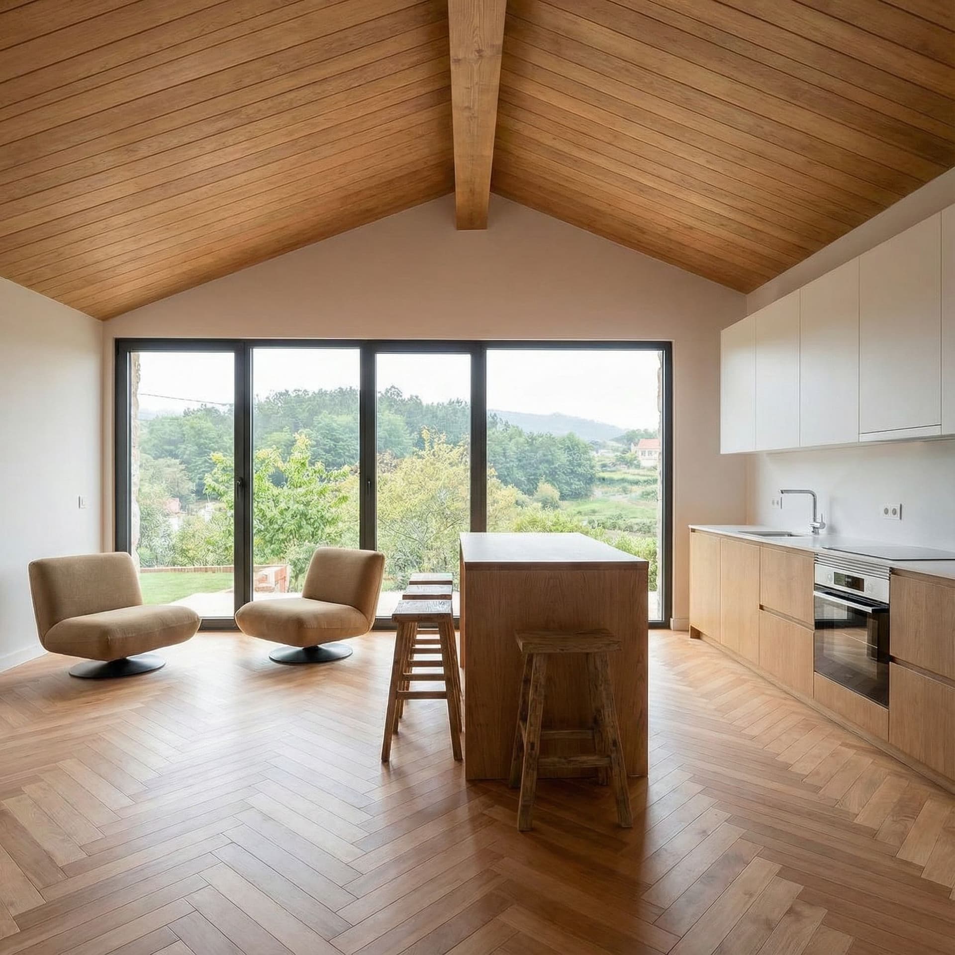 AI generated: Quiero que hagas el suelo en madera de haya, en forma de espiga, la punta de la espiga apuntrá hacia...