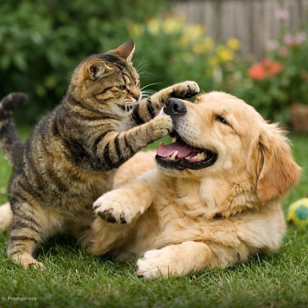 AI generated: a cat play with a dog