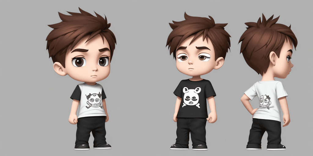 AI generated: front view of an animated boy standing wearing tshirt character design, full body, drawing a face in...