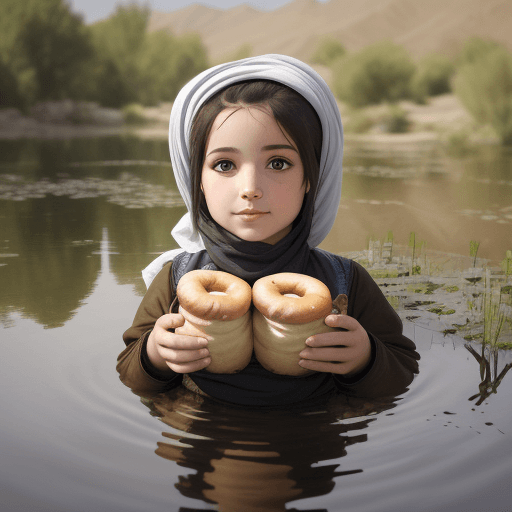 AI generated: A picture of a pond-side Wardak chick with beautiful bagels