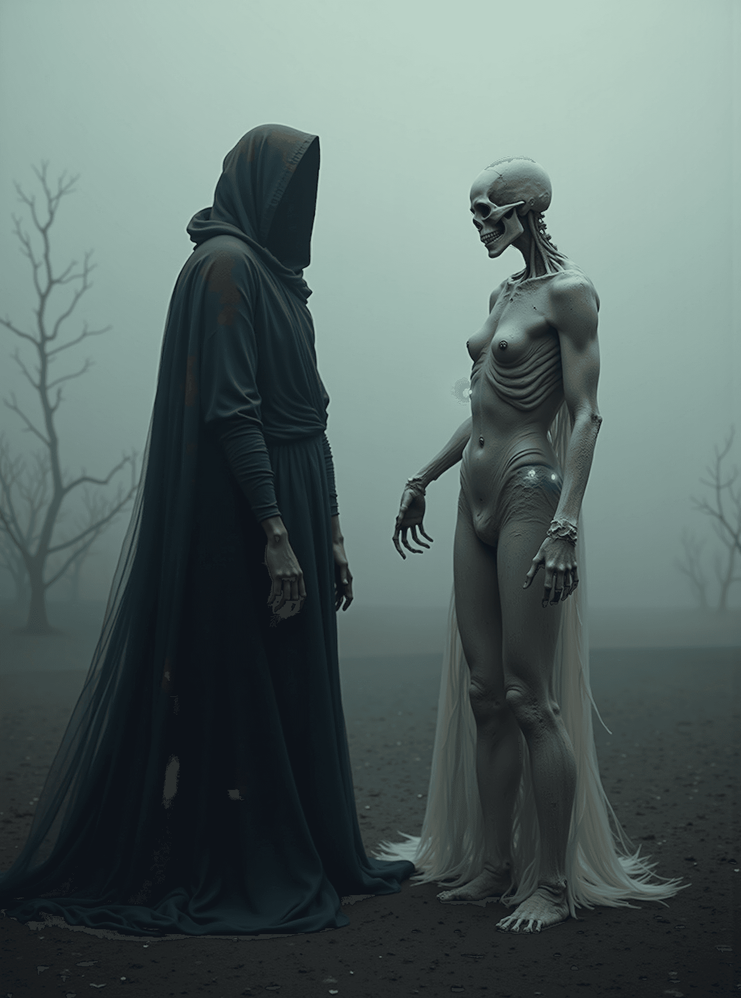 AI generated: A surreal, atmospheric scene in a desolate, mist-covered landscape. On the left stands a cloaked, ho...