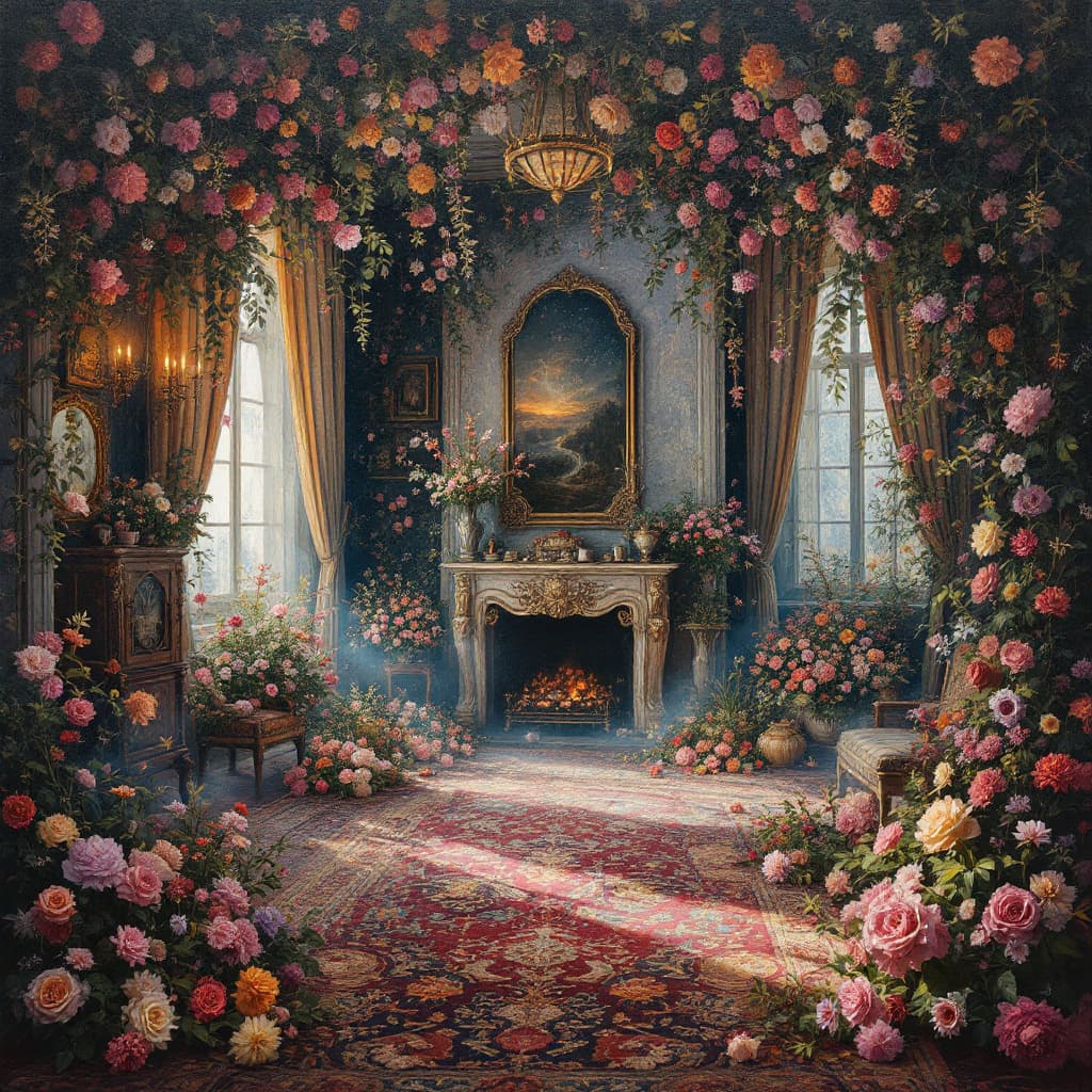 AI generated: Deep dream of an opulent room with carpeting and flowers, creating a dreamy and ethereal scene. oil ...